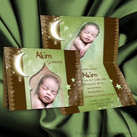 Faire-part de naissance AKIM oriental et musulman anis chocolat avec étoiles et lune