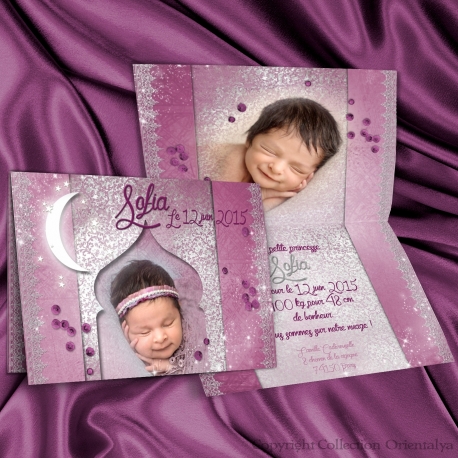 Faire-part de naissance oriental et musulman 1001 nuits violet et argent